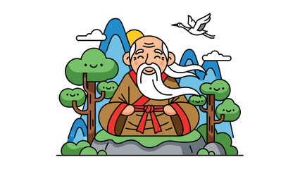 Taoist longevity philosophy illustrated with peaceful elderly figure, modern flat vector design, ideal for wellness, spirituality, and healthy lifestyle visuals