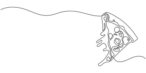 One continuous line drawing of pizza slice. Symbol of italian food and restaurant delivery concept in simple linear style. Banner menu in editable stroke. Doodle outline vector illustration