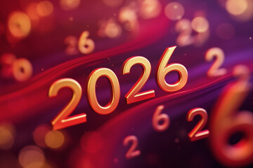 Golden 2026 numerals with abstract celebratory red-purple background