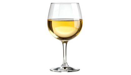 A single glass of crisp, pale white wine, set against a black background, centered