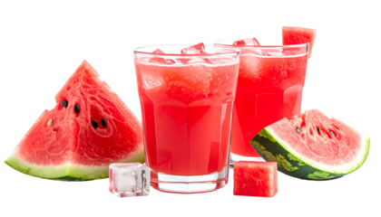 Vivid image of watermelon juice in glasses with ice and fresh slices