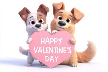 Two cartoon dogs holding a large pink heart with the text Happy Valentine's Day, showcasing a joyful and playful atmosphere of love and friendship in a colorful illustration