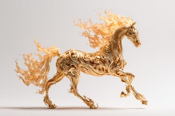 Golden horse sculpture with flowing mane and tail, intricately designed with swirling patterns, showcasing elegance and artistry in a captivating display of creativity and craftsmanship