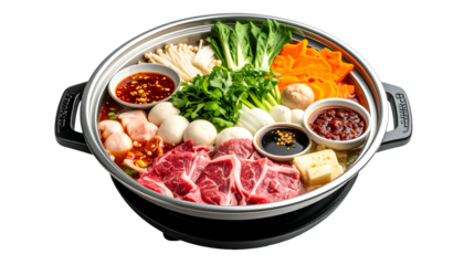 A steaming pot of hot pot with meats, vegetables, sauces, and mushrooms