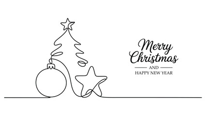 Obraz premium Minimal line art christmas tree with ornaments and merry christmas happy new year lettering, modern festive holiday greeting illustration