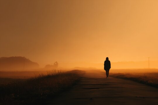 Silhouette of a solitary figure walking along a deserted road at sunset, surrounded by misty fields and soft golden light, evoking a sense of tranquility and introspection