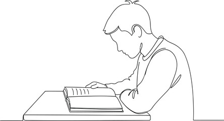 Continuous line drawing of a student reading a book at a desk in a classroom © Malik 
