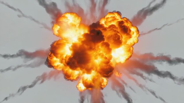 Explosions create large fireballs and smoke clouds in outdoor test area