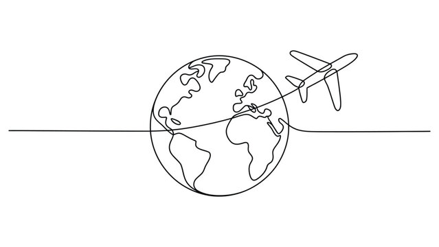 Minimal continuous line globe with airplane illustrating global travel, tourism and international journey concept, modern outline illustration