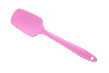 One silicone kitchen spatula isolated on white background, close-up, top view.