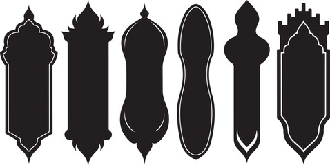 Ramadan ornament door arch, Islamic windows frames shapes set. Arabesque oriental icons. Arabian architecture sticker silhouette vector eps