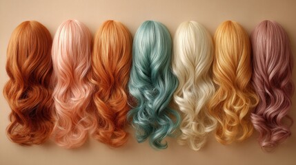 Wigs with wavy styles lay on a neutral background, showcasing various color choices. Ideal for beauty blogs, hair salons, and related marketing.