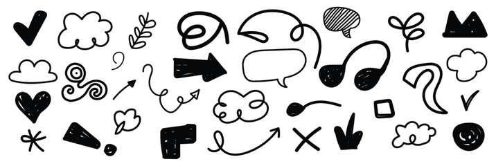 Doodle sketch element set, vector graphic hand drawn line shapes. Vector set of different crowns, hearts, stars, crystals, sparkles, arrows, lightnings, diamonds, signs and symbols.