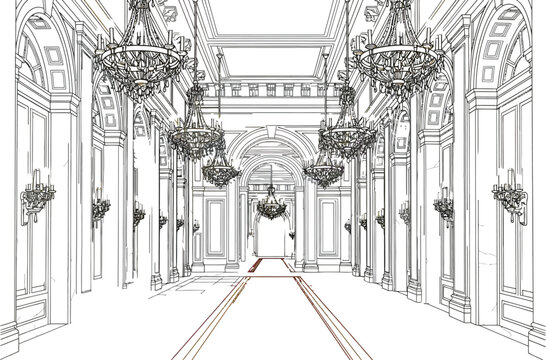 Grand hall with chandeliers and red carpet leading to an illuminated doorway