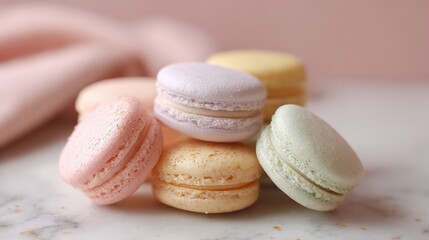 Fototapeta premium Group of colorful macarons arranged on a white marble surface. there are six macaroons in total, with the largest one in the center and three smaller ones on either side.