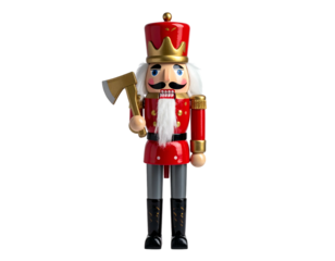 Wooden soldier in red and gold uniform with axe, standing against a black background