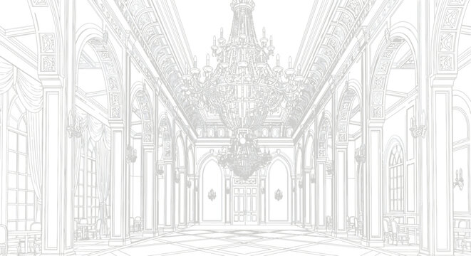 Elegant ballroom interior with chandeliers and arched windows line art design