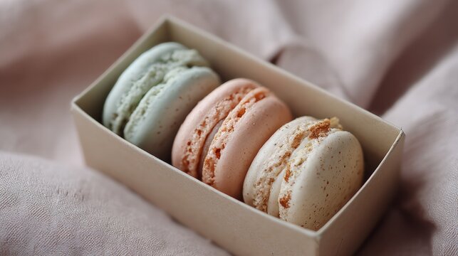 Small rectangular box with four macarons inside. the box is made of light-colored cardboard and is placed on a beige fabric background.