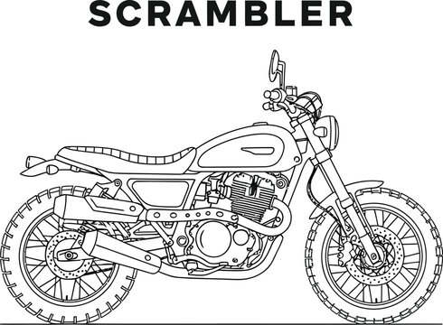 Detailed line art illustration of a classic scrambler motorcycle on white background