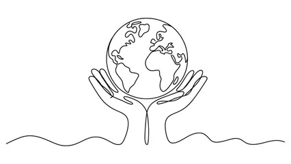 Minimal continuous line hands holding planet earth symbolizing environmental protection, sustainability and global care concept illustration
