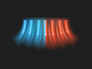 Air flow, red and blue arrows showing wind direction of air movement, cold and hot streams vector on black background