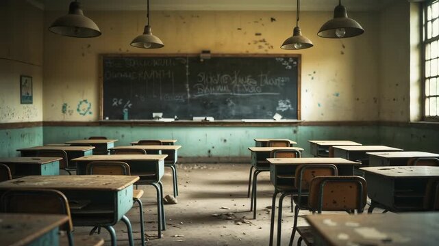 Empty classroom with worn desks and a chalkboard in a small town school during midday