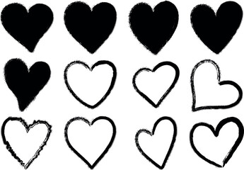 Set of various hand drawn black heart shapes with rough edges in different styles and brush strokes isolated on transparent
