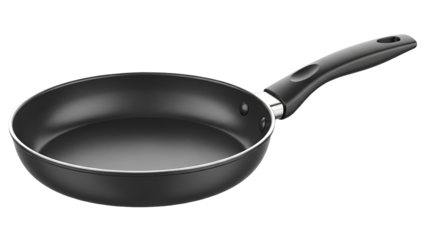 Black non stick frying pan with handle isolated on white background for cooking