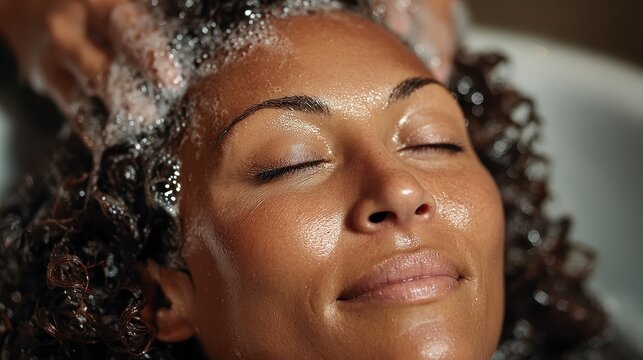 Woman relaxes with eyes closed while getting her hair washed. Ideal for hair care, salon services and wellness campaigns.
