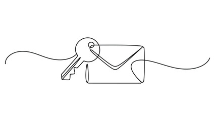 Minimal line art envelope with key symbol representing security, privacy and message protection concept, simple continuous line illustration