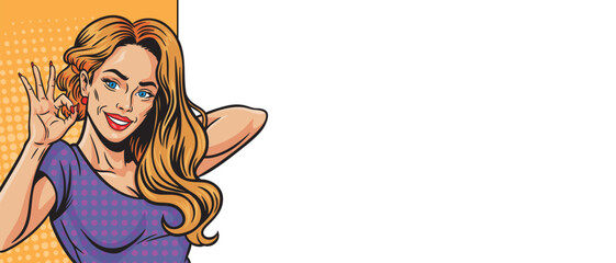 Beautiful woman happy and showing OK in pop art style near empty banner on colored background