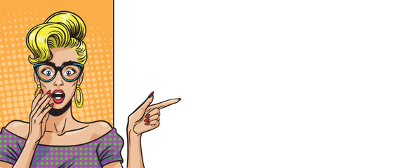 A beautiful woman is scared and shows pop art style near a blank banner on a colored background