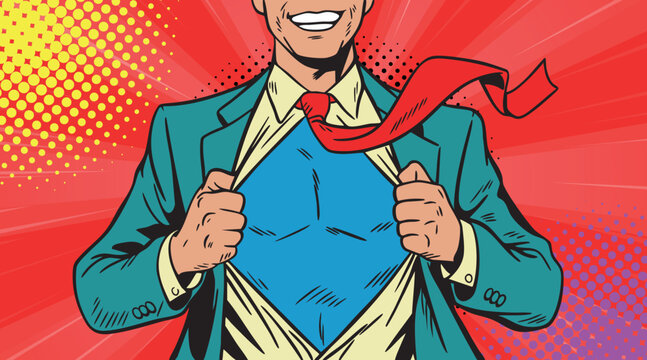 Vector illustration in pop art retro style depicting a superhero businessman tearing his shirt