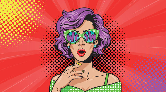 Beautiful woman shocked and scared in wow glasses in pop art style on a colored background