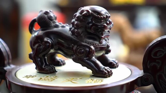Dark, glossy foo dog statue on a decorated wooden base with Asian script, against a blurry background