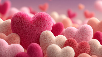 Close-up macro photography of velvety, textured hearts in pink and cream tones. A bright pink heart pops in the foreground against a softly blurred pastel background