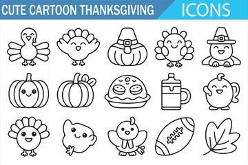 Thanksgiving Turkey and Pumpkin Line Icons Collection