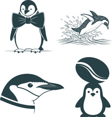 Fototapeta premium cute penguin cartoon set bow tie surfing and logo head t shirt design