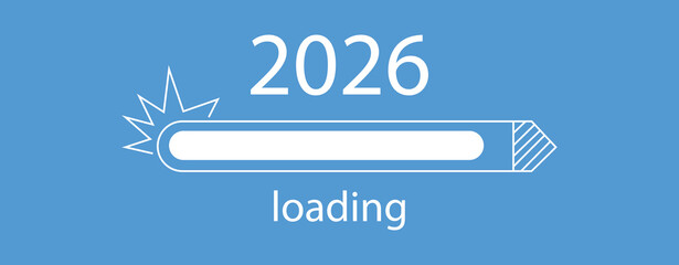 2026 progress bar, blue loading countdown poster. 2026 loading design template with modern icons and interface elements. Vector Illustration.