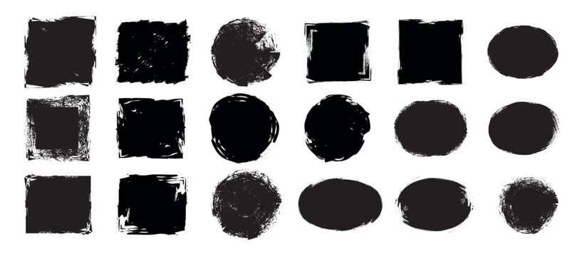 Brush frame rough rectangle box shape set. Grunge rectangle and circles brush set. Ink pen rectangles squares circles ovals collection. black ink brush strokes. Vector
