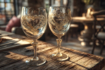 Obraz premium Two elegant wine glasses adorned with heart designs sit on a romantic table, inviting love and celebration on Valentineâs Day.