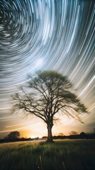 A tree stands in the foreground under a starry night sky, with light trails from stars and planets.