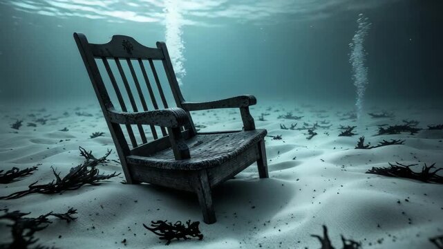 Chair sits at the bottom of the ocean surrounded by sand and sea plants in dark water