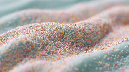 Obraz premium Close-up of a pile of colorful sprinkles. the sprinkles are in various shades of pink, orange, yellow, green, and blue, creating a rainbow-like effect.