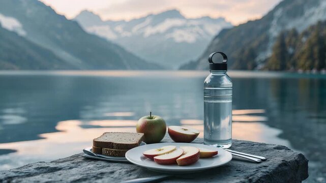 Enjoying lunch by the lake with apples, bread, and water in a scenic mountain setting
