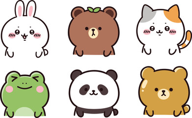 Adorable Vector Illustration of Rabbit, Bear, Cat, Frog, and Panda for Kids and Stickers
