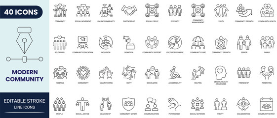 Modern Community line icon set. Includes people, friendship, social, inclusion, inclusion and more. Editable stroke. Full Vector.