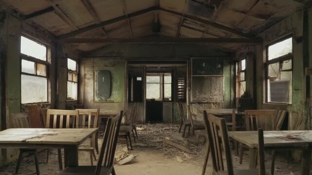 Eerie stillness permeates a forgotten, dilapidated hall, its peeling walls and broken furniture narrating a silent tale of time's relentless passage and inevitable decay