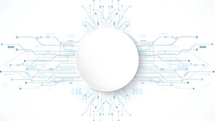 Digital technology abstract background with circuit board pattern and central white circle for text
