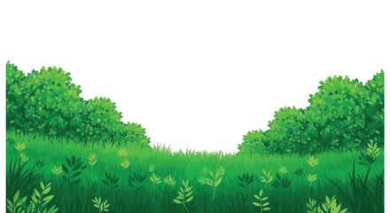 Lush green field bordered by vibrant trees and abundant foliage © Minara